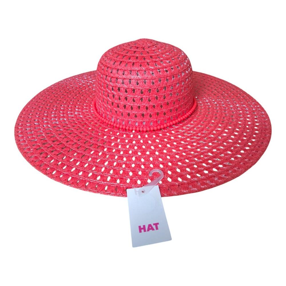 NEW Women's Coral Pink Wide Brim Floppy Straw Sun Hat Beaded Trim One Size